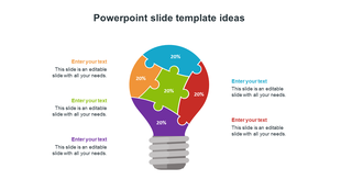 Creative PPT slide featuring a lightbulb made of colorful puzzle pieces, each labeled with 20 percent with placeholder text.