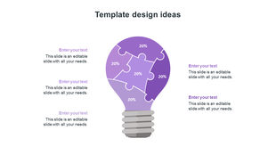 Infographic featuring a segmented purple light bulb made of five puzzle pieces, surrounded by six lavender caption areas.