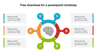 Colorful circular mind map with a brain icon at the center and six icons branching out, each linked to a text box on the sides.