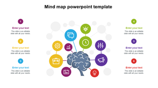 Mind map design slide showing various interconnected concepts, including colorful icons with placeholder text.