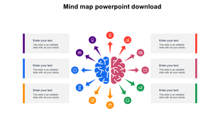 Colorful mind map with a split-brain icon at center, twelve arrows pointing to icons, and text boxes aligned on both sides.