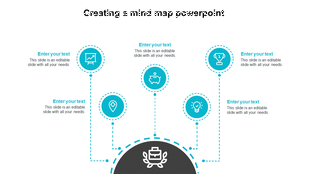 Mind map PowerPoint slide with a central business icon branching out to multiple connected concepts on a blue theme.