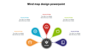 Mind map with colorful teardrop shapes in orange, blue, red, green, and purple, surrounding a central success point.