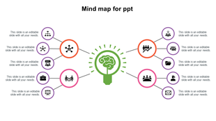 Business mind map PowerPoint slide with a central brain icon connecting to multiple colorful organizational elements.