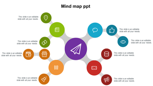 Mind map slide with vibrant colored circles in blue, red, orange, and green, with icons, connected to a central purple point.