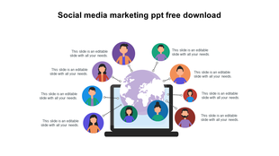 Social media marketing slide featuring people connected around the globe and a laptop with placeholder text.