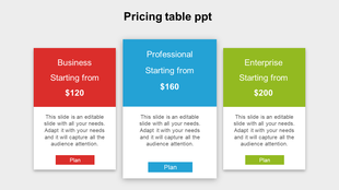 Pricing table slide with red, blue, and green sections, each displaying a plan with its price and a button below.
