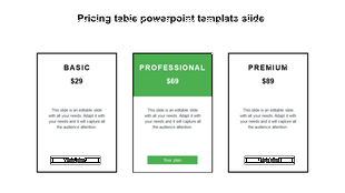 Slide with three rectangular blocks in black and green tones, showcasing three different pricing options.