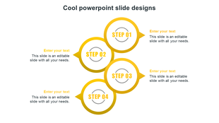 Cool modern process flow PowerPoint slide featuring four overlapping yellow circles with numbered steps and placeholder text.