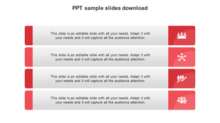 Four vertical rectangles with red icon sections on the right and gray caption areas, arranged in a column.
