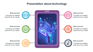 Technology PPT slide with futuristic smartphone interface, digital elements, and icons for gaming, media, and communication.