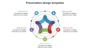 Colorful abstract design slide diagram with interconnected segments and icons, showcasing multiple text areas.