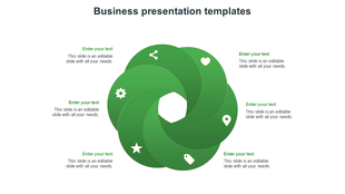 Business green infographic with six overlapping loops, each containing a white icon and surrounded by  text boxes.