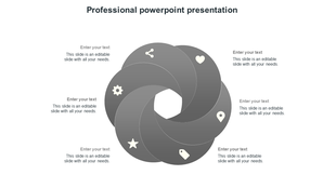 Circular diagram with six gray segments, each containing an icon and space for text, arranged in a spiral layout.