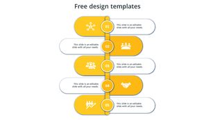 Timeline-style design with five numbered steps, featuring icons in yellow and white oval shapes.