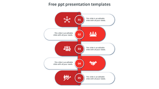 Alternating red and white timeline blocks labeled 01 to 05, each with a business icon and editable placeholder text.