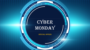 Futuristic Cyber Monday PowerPoint slide with a glowing blue digital interface and special offers text in the center.