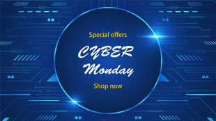 Cyber Monday graphic with circuit board background and a dark blue circular frame highlighting a special offer message.