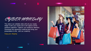 Trendy Cyber Monday presentation slide with a vibrant pink and blue digital background and a shopping inspired design.