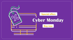 Cyber Monday sales banner slide with special offers and a buy now button on a purple background.