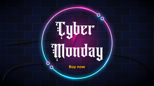 Dark brick wall background with vibrant neon circles surrounding the cyber monday text and a glowing buy now button.