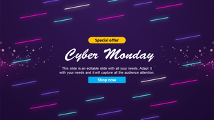 Cyber Monday banner with glowing neon lines, particle lights on dark background, and buttons for special offer and shop now.