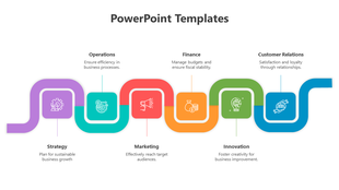 Colorful six step curved path infographic with icons and labels for strategy, and customer relations.