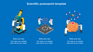 Scientific themed design with icons of a microscope, microchip, and brain paired with scientists on a vibrant blue backdrop.