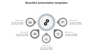 Minimalist grey circular infographic PowerPoint template with five sections surrounding a central gear icon.