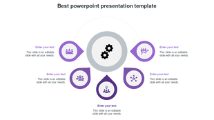 Infographic showing six purple pointers encircling a gear graphic, each with an icon and editable text beside or below.