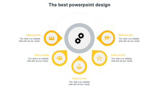 Circular infographic with a central gear icon surrounded by six yellow drop-shaped icons and placeholder text areas.