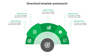 Green semicircular infographic PowerPoint template with five icons and placeholder text on a white backdrop.