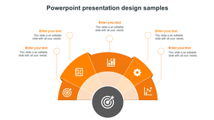 Semi circular orange infographic with five segments around a central target icon, each showing a white icon and caption.