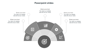  A grey-themed arc diagram divided into multiple segments with icons and editable text labels extending from each section.