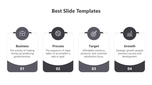 Row of four white cards with black headers and icons, each labeled with a topic and number, forming a clean process flow.