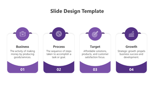 Modern business infographic slide with four purple and white sections for Business, Process, Target, and Growth with icons.