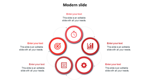 Slide design with five icons in red outlined circles, arranged in a circular pattern with text areas.