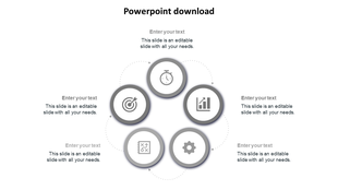 Minimalist PPT template with five grey circular icons for strategy, time management, analytics, planning, and settings.