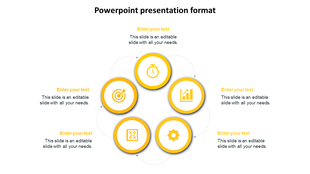 Circular infographic with five yellow bordered icons around a clockwise arrow path and matching placeholder text areas.