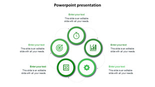 A green-themed infographic with six circular icons at the center representing business metrics, each connected to caption areas.