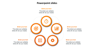 Five circular icons with orange borders and white backgrounds, arranged in a circular flow with dotted arrows.