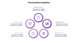 Purple-themed template with five icons arranged in a circular flow surrounded with caption areas for each.