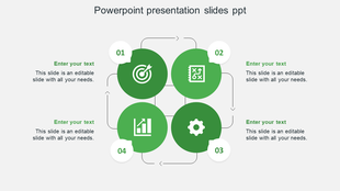 Four green circular icons with numbers 01 to 04, linked by arrows, on a white background with text areas.