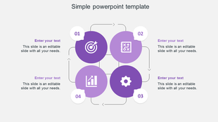 A simple PowerPoint slide featuring four purple icons in a circular flow with connected arrows and placeholder text.