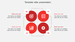 Red infographic with four steps, each containing icons for target, strategy, gear, and bar chart, connected by arrows.