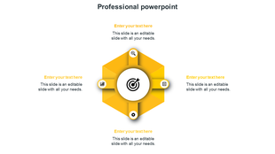 Yellow hexagonal PowerPoint template with a central target icon and four surrounding icons with placeholder text.