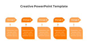 Creative PowerPoint template with five orange infographic elements and text sections on a white backdrop.