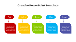 Creative layout with five color tags above rounded rectangular boxes, each labeled and filled with placeholder text.