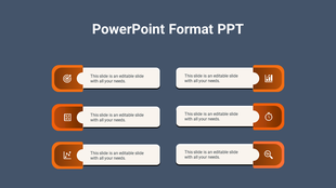 Professional format PowerPoint slide with six horizontal infographic elements and orange accents.
