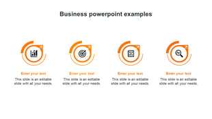 Business slide with four outlined icons in circular arrow designs, representing growth, focus, planning, and analysis.